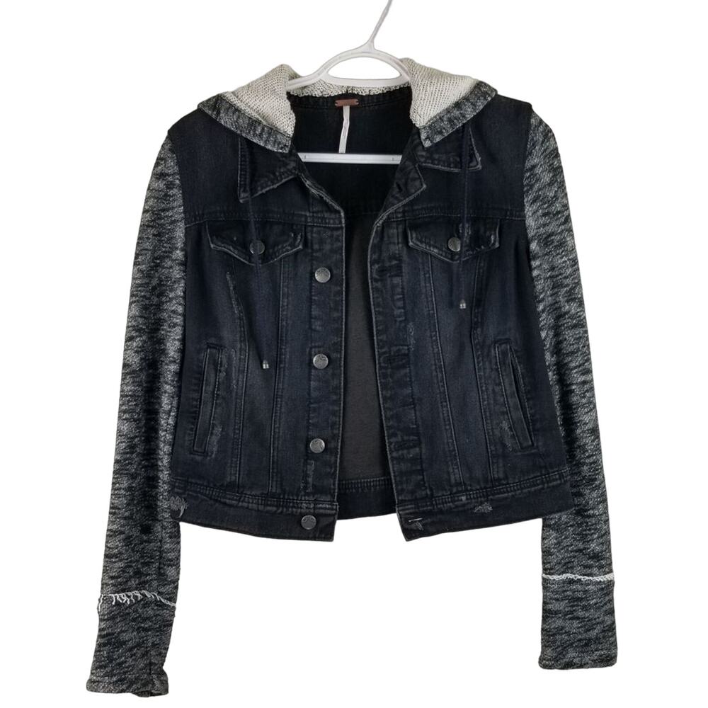 Free People Cropped Distressed Denim Hooded Winter Warm Jacket Women S